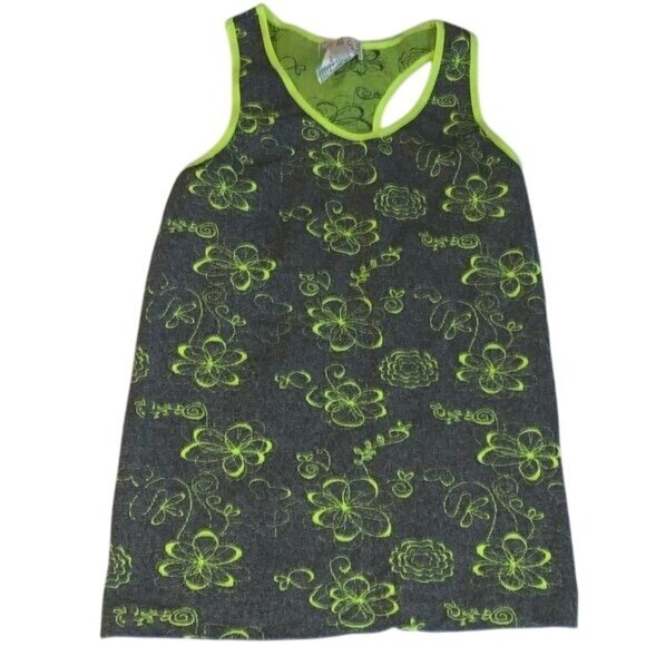 Racerback Floral Tank Top Neon Green & Gray Polyester/Spandex One Size FCF Style - Picture 1 of 5
